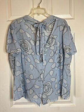 Light Blue Floral Tie-Neck Blouse - Women's Top